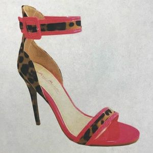 Anne Michelle Leopard print heels with pink trim & pink buckle. Sizes 6-10